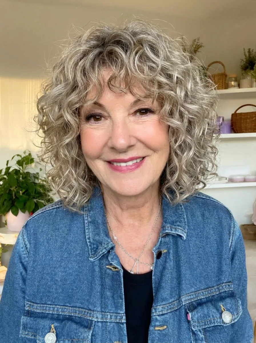 Shoulder-Length Silver Frost Curly Bob with Curtain Bangs